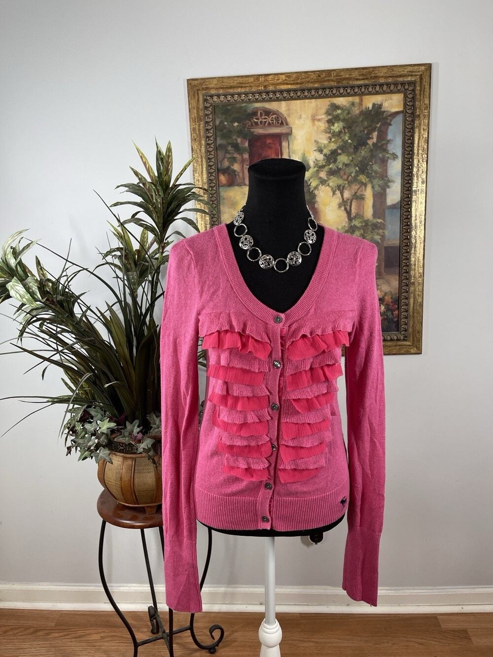 Abercrombie & Fitch Women L Pink Ruffle Cardigan Sweater Romantic Y2K
